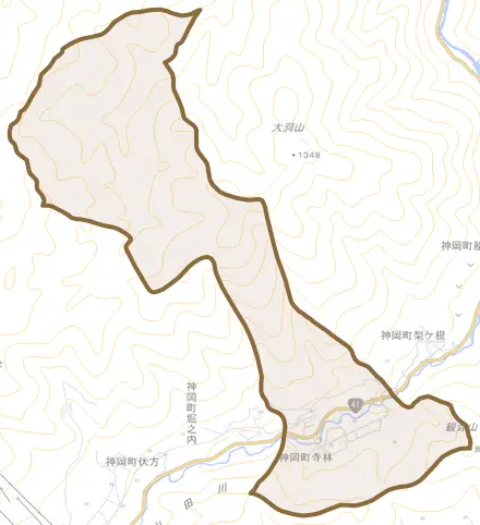 神岡町寺林とその周辺の地図。町の範囲を重ねている