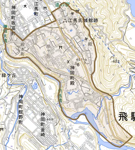 神岡町殿とその周辺の地図。町の範囲を重ねている