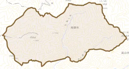 神岡町打保とその周辺の地図。町の範囲を重ねている