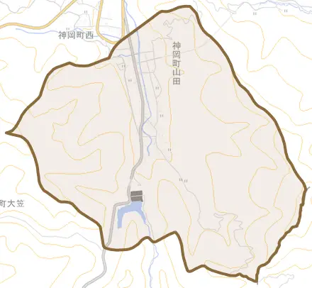 神岡町山田とその周辺の地図。町の範囲を重ねている