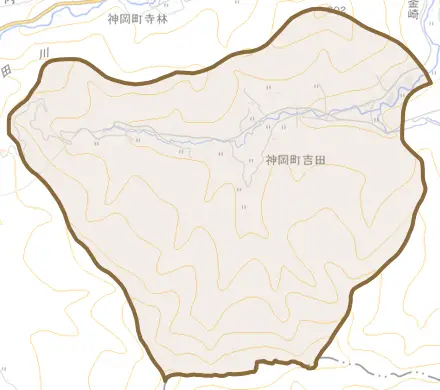神岡町吉田とその周辺の地図。町の範囲を重ねている