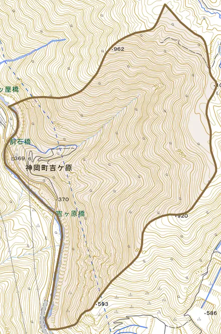 神岡町吉ケ原とその周辺の地図。町の範囲を重ねている