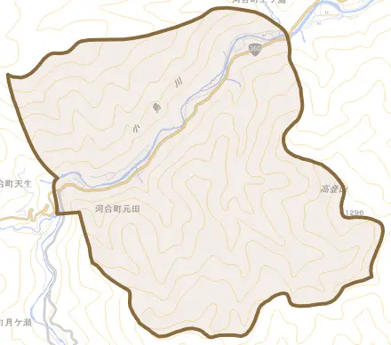 河合町元田とその周辺の地図。町の範囲を重ねている