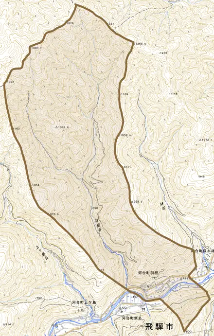 河合町羽根とその周辺の地図。町の範囲を重ねている
