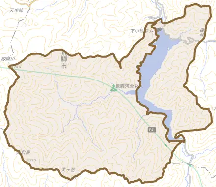 河合町保とその周辺の地図。町の範囲を重ねている