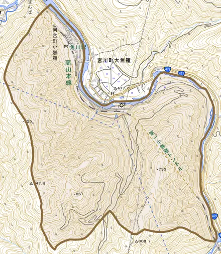 河合町小無雁とその周辺の地図。町の範囲を重ねている