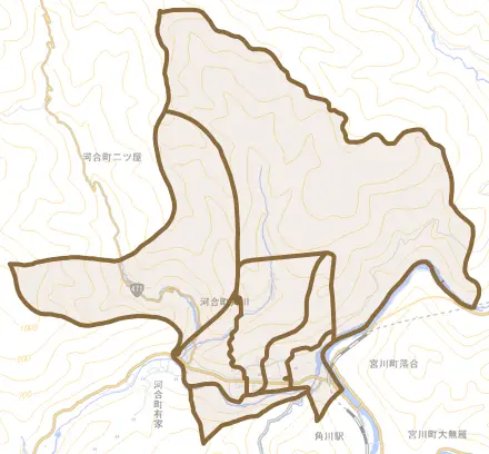河合町角川とその周辺の地図。町の範囲を重ねている