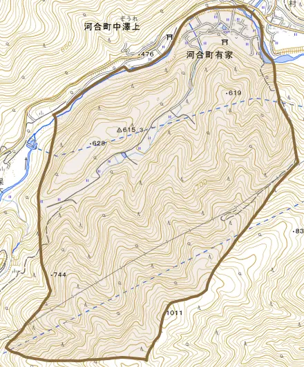 河合町有家とその周辺の地図。町の範囲を重ねている