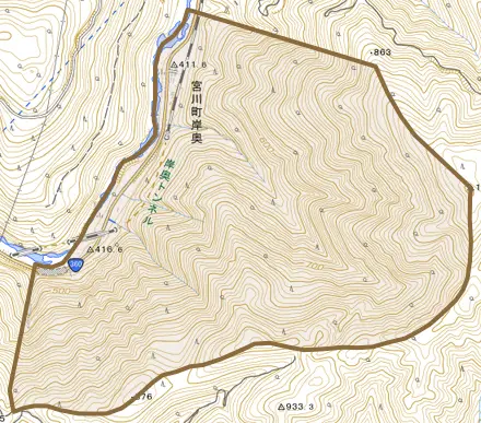 宮川町岸奥とその周辺の地図。町の範囲を重ねている