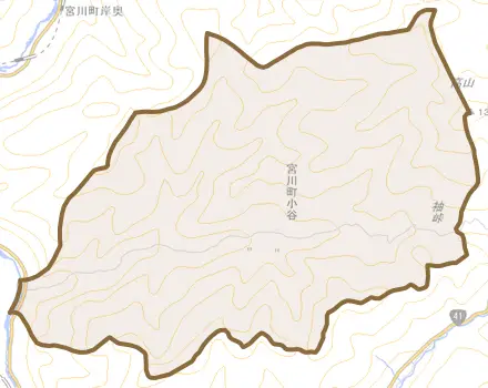 宮川町小谷とその周辺の地図。町の範囲を重ねている
