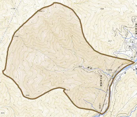 宮川町桑野とその周辺の地図。町の範囲を重ねている