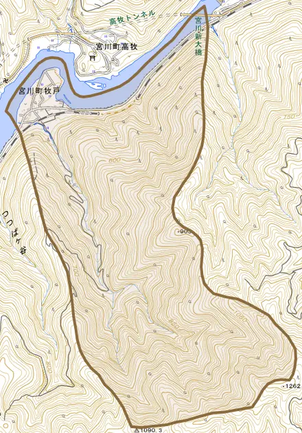 宮川町牧戸とその周辺の地図。町の範囲を重ねている