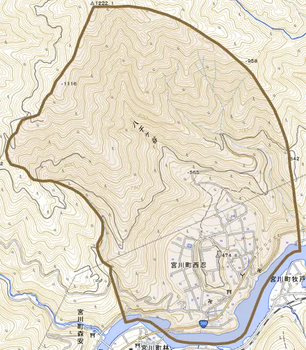 宮川町西忍とその周辺の地図。町の範囲を重ねている