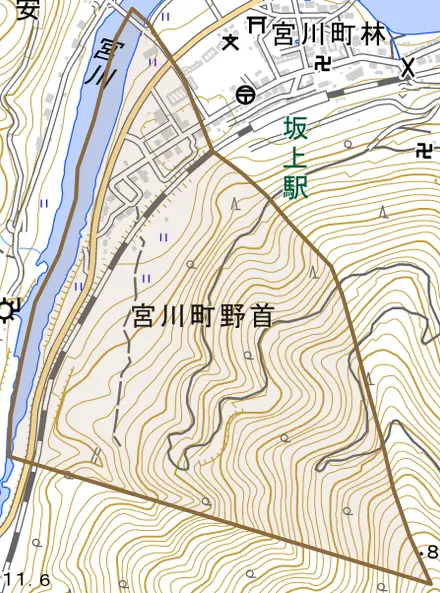 宮川町野首とその周辺の地図。町の範囲を重ねている