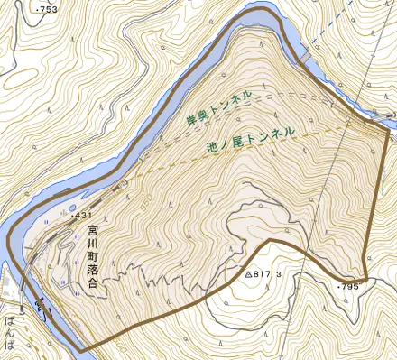 宮川町落合とその周辺の地図。町の範囲を重ねている