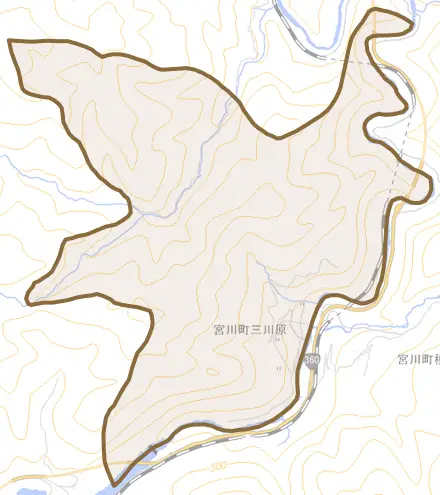 宮川町三川原とその周辺の地図。町の範囲を重ねている