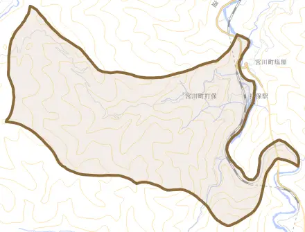 宮川町打保とその周辺の地図。町の範囲を重ねている