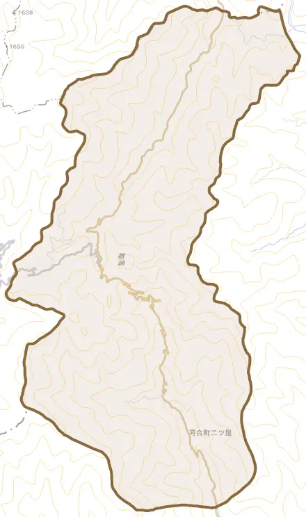 河合町二ツ屋とその周辺の地図。町の範囲を重ねている