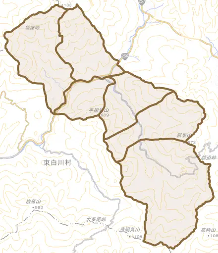 越原とその周辺の地図。町の範囲を重ねている