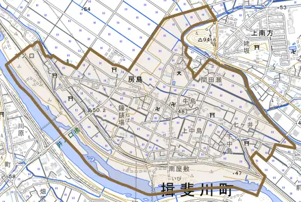 房島とその周辺の地図。町の範囲を重ねている