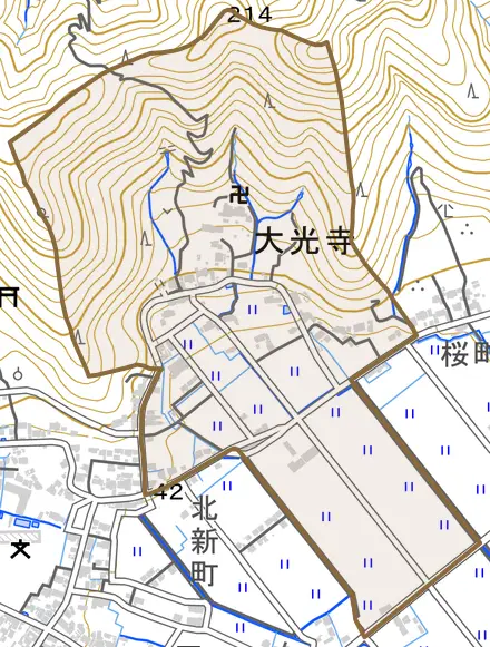 大光寺とその周辺の地図。町の範囲を重ねている