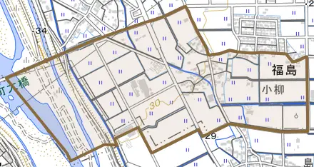 福島とその周辺の地図。町の範囲を重ねている