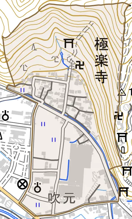 極楽寺とその周辺の地図。町の範囲を重ねている
