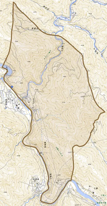 東津汲とその周辺の地図。町の範囲を重ねている
