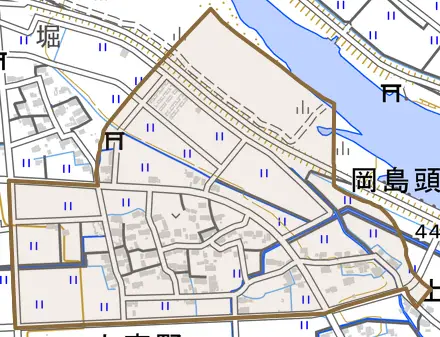 上東野とその周辺の地図。町の範囲を重ねている