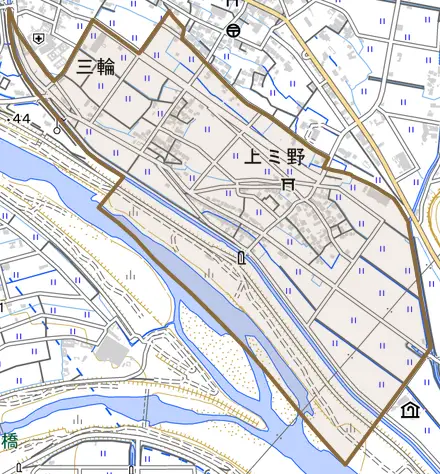 上ミ野とその周辺の地図。町の範囲を重ねている
