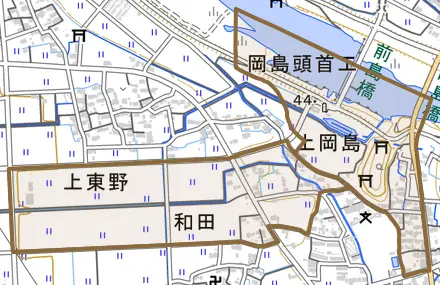 上岡島とその周辺の地図。町の範囲を重ねている
