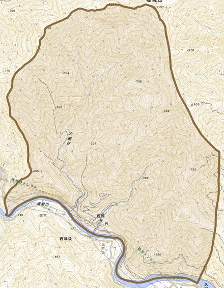 樫原とその周辺の地図。町の範囲を重ねている