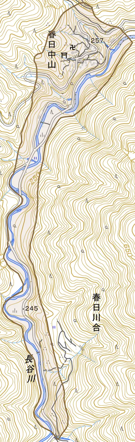 春日中山とその周辺の地図。町の範囲を重ねている