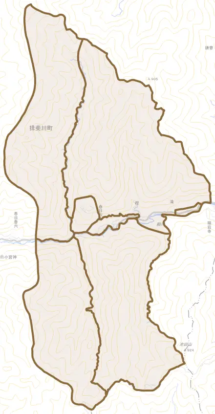 春日六合とその周辺の地図。町の範囲を重ねている