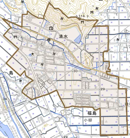 清水とその周辺の地図。町の範囲を重ねている