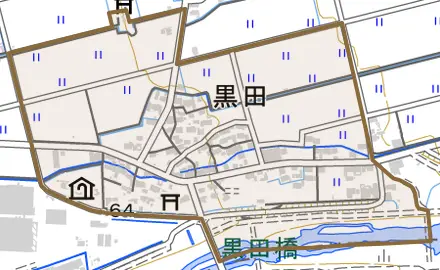 黒田とその周辺の地図。町の範囲を重ねている