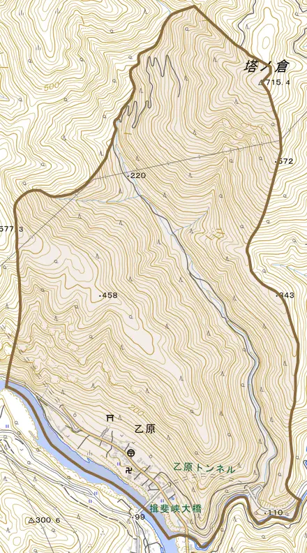 乙原とその周辺の地図。町の範囲を重ねている