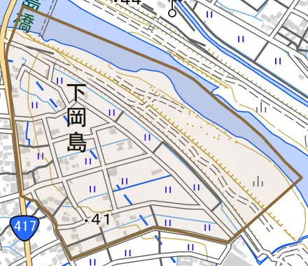 下岡島とその周辺の地図。町の範囲を重ねている