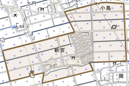 新宮とその周辺の地図。町の範囲を重ねている
