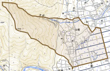 白樫とその周辺の地図。町の範囲を重ねている