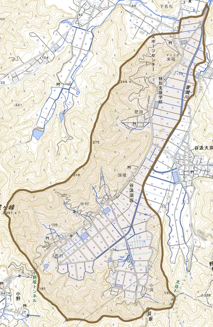 谷汲深坂とその周辺の地図。町の範囲を重ねている