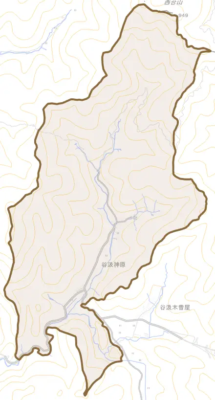 谷汲神原とその周辺の地図。町の範囲を重ねている