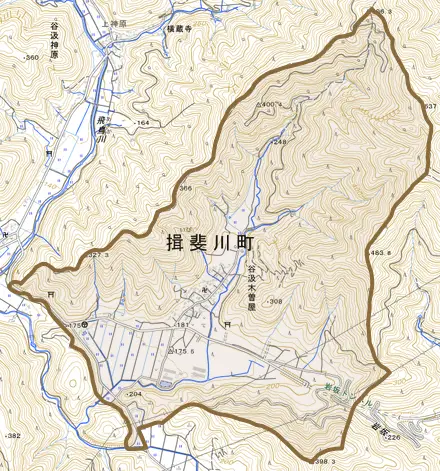谷汲木曽屋とその周辺の地図。町の範囲を重ねている