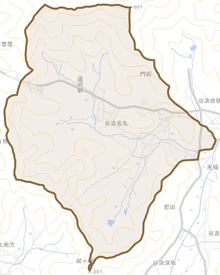 谷汲名礼とその周辺の地図。町の範囲を重ねている