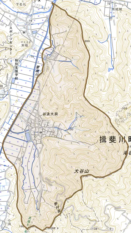 谷汲大洞とその周辺の地図。町の範囲を重ねている