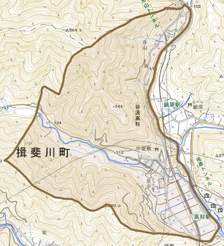 谷汲高科とその周辺の地図。町の範囲を重ねている