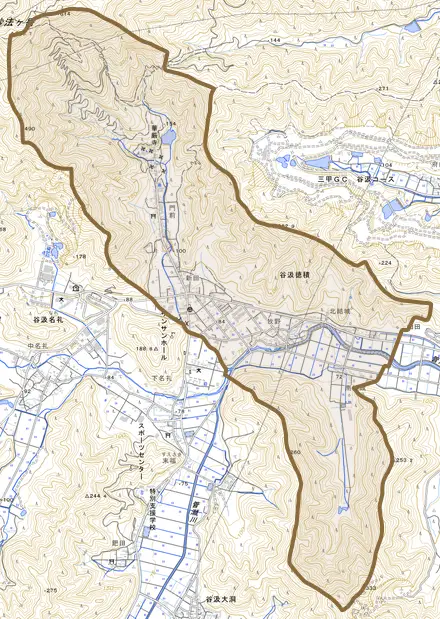 谷汲徳積とその周辺の地図。町の範囲を重ねている