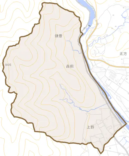 上野とその周辺の地図。町の範囲を重ねている