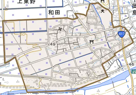和田とその周辺の地図。町の範囲を重ねている