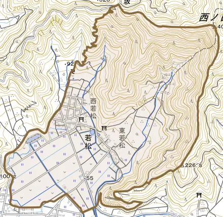 若松とその周辺の地図。町の範囲を重ねている